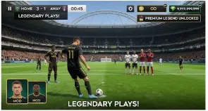 A close-up view of an iPad screen showing the DLS26 MOD squad menu, featuring a 100-rated "Master" player card, custom gold kits, and infinite coin and gem indicators in the top corners. A hand is holding the device.