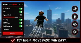Roblox MOD gameplay scene showing a character flying above a city
