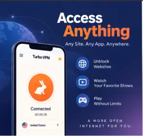 A globe illustration highlighting Turbo VPN's worldwide server locations across the US, Europe, and Asia for bypassing geo-restrictions.
