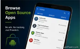 F Droid app details screen showing app description, permissions, version, and Anti-Features